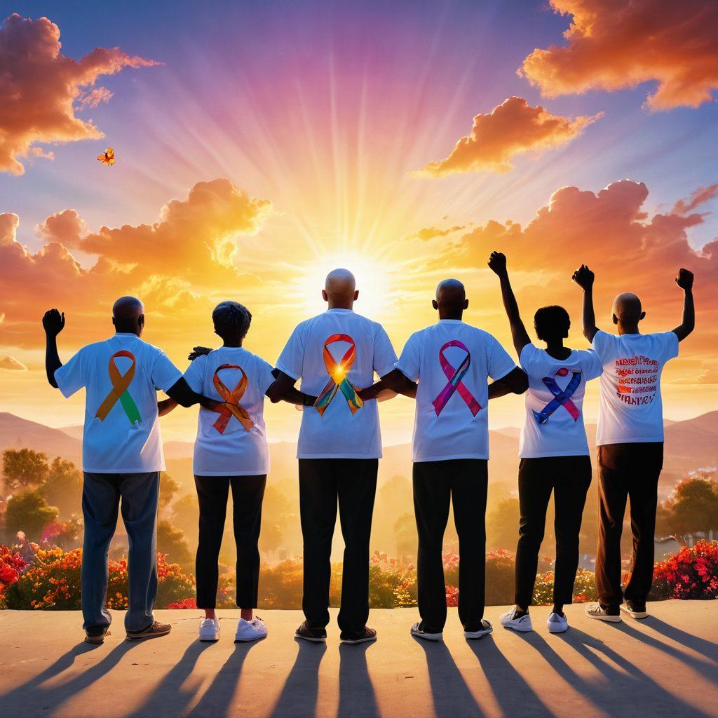 A powerful visual representation depicting a diverse group of cancer patients and advocates standing together, holding hands with determination. In the background, a vibrant sunrise symbolizes hope and a new beginning, while various cancer awareness ribbons float around them, showcasing unity. Include an array of supportive elements like informational pamphlets and healthcare symbols. super-realistic. vibrant colors. inspiring atmosphere.