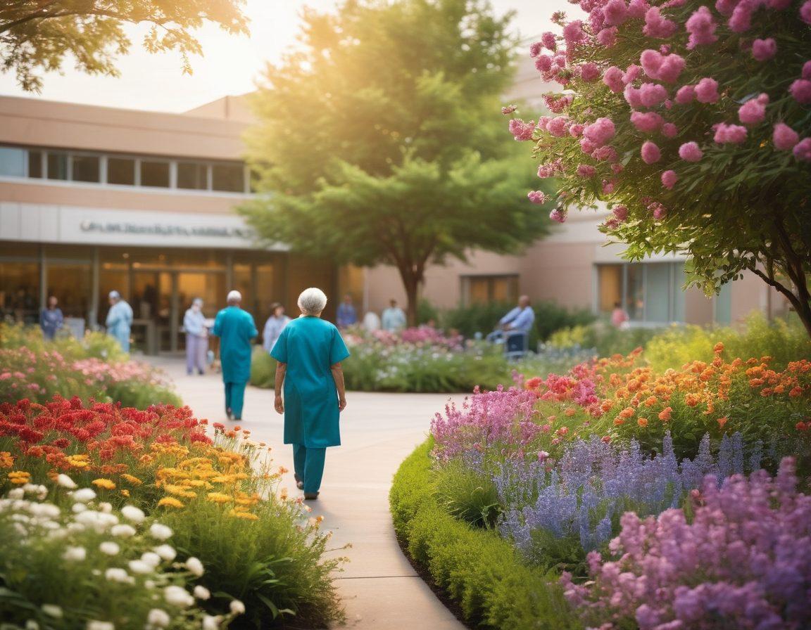 A serene landscape of a hospital garden, with patients and healthcare professionals interacting positively amidst blooming flowers. An overlay of headlines showcasing the latest oncology news and survival stories, glowing softly in the background. The image should evoke hope and resilience, illustrating the human spirit in the face of cancer. super-realistic. vibrant colors. soft focus.