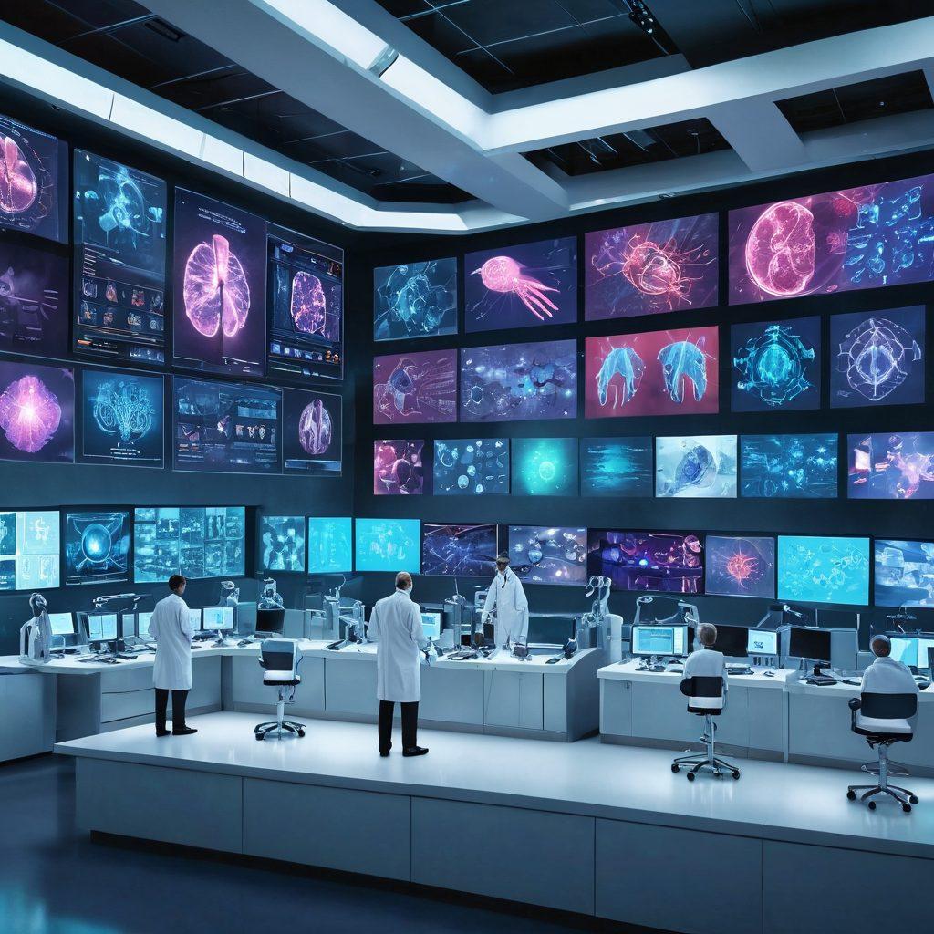 A collage of groundbreaking cancer treatment technologies, featuring a futuristic lab with scientists in white coats, advanced medical machinery, and vibrant screens displaying cancer cell research. Incorporate symbolic elements like DNA strands and healing light. The atmosphere should be hopeful and inspiring. super-realistic. vibrant colors. futuristic medical theme.
